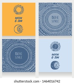 Set of cards with doodle moon and sun symbols and boho style frames, sketch style vector illustration