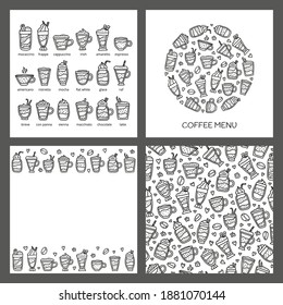 Set of cards with doodle outline coffee drinks isolated on grey background. Composition, poster and seamless pattern.