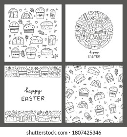 Kartenset mit Doodle Umriss Osterkulich Kuchen oder Weihnachtskuscheln und Foschenweiden, Herzen, Punkte einzeln auf grauem Hintergrund.
