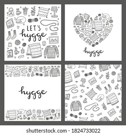 Set of cards with doodle outline hygge icons in Scandinavian style on grey background. Nordic lifestyle posters.