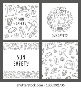 Set Of Cards With Doodle Outline Sun Safety Icons Isolated On Grey Background. Composition, Poster And Seamless Pattern.