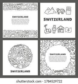 Set of cards with doodle outline Switzerland travel icons including cheese, chocolate, cable car, train, cow, Alpine mountains, house chalet, fondue, alphorn, wine, milk, etc. Space for text.