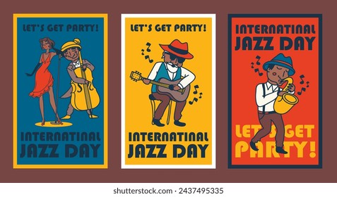 Set of cards with doodle style musicians for international jazz day, vector illustration