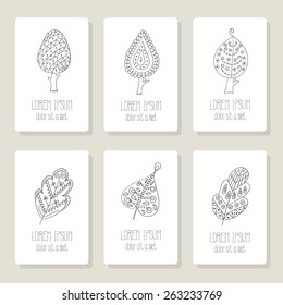  Set of cards with doodle trees, flowers, fruits, leaves.