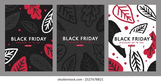 Set of cards with drawn leaves for Black Friday. Creative modern advertising brochures red, black and white colors. Modern templates for banner, poster, advertising materials. Vector illustration