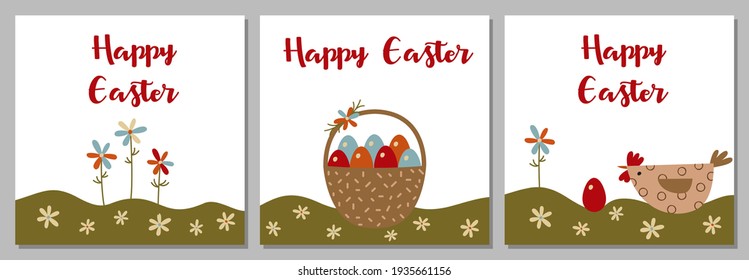 Set of cards for Easter. Easter basket, chicken, colorful eggs and flowers. Happy easter.