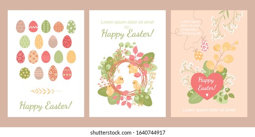 Set of cards for Easter with cute chickens, painted eggs and flowers. Vector illustrations in cartoon style for design in warm colors.