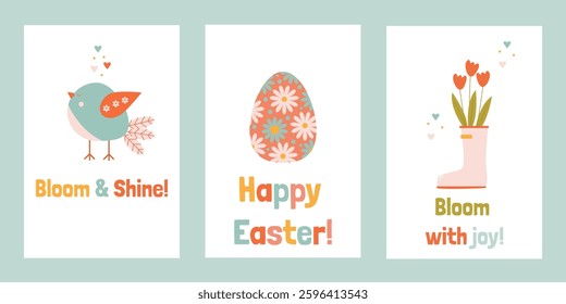 a set of cards for Easter and early spring with bright inscriptions, birds, an Easter egg and a rubber boot with flowers