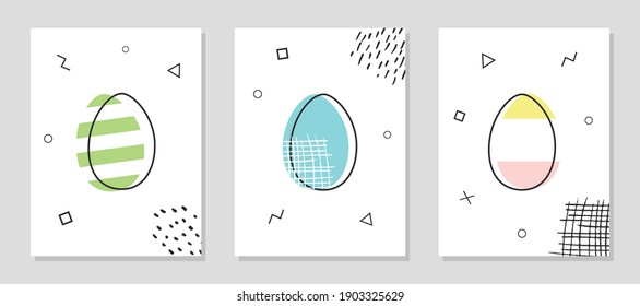 Set of cards with Easter eggs in memphis style. Easter graphic posters