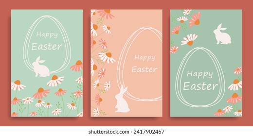 Set of cards for the Easter holiday. Collection of cards with Easter eggs, daisies and bunnies. Vector.