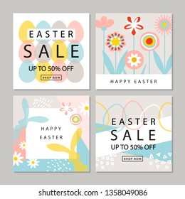 Set of cards Easter Sale. Backgrounds with hand-drawn elements.Can be used for voucher, wallpaper,flyers, invitation, posters, brochure, coupon discount,greeting card.