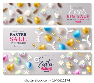 Set of cards Easter Sale. Backgrounds with eggs, feathers, Golden serpentine and chamomiles.Can be used for voucher, wallpaper,flyers, invitation, posters, brochure, coupon discount,greeting card.