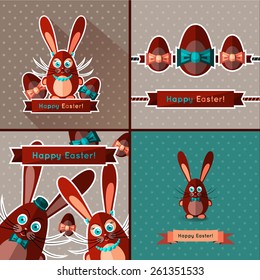 Set of cards for Easter. Sweet chocolate bunny and eggs. Vector template with flat design
