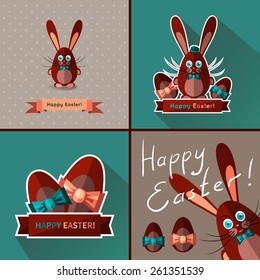 Set of cards for Easter. Sweet chocolate bunny and eggs. Vector template with flat design
