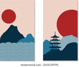 Conjunto de cartas com paisagem oriental. Ondas, oceano, montanhas e sol. Fundo texturizado. Ilustração vetorial