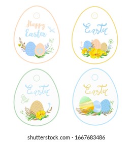 set cards with eggs and yellow watercolor flowers with gold twigs. Happy Easter templates with eggs. Suitable for spring and Easter cards and invitations, tag