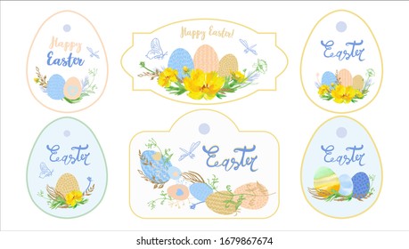 set cards with eggs and yellow watercolor flowers with gold twigs. Happy Easter templates with eggs. Suitable for spring and Easter cards and invitations, tag