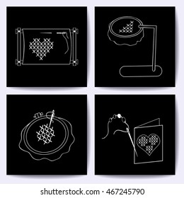 Set of cards with embroidery tools. The white line on blackboard. Stock vector illustrations of objects for embroider, handicraft, hand made. It can be used for packaging, textile, label, emblem.