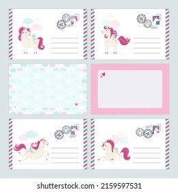 Set of cards and envelopes with postage stamps. Empty blank, template. Unicorn mail letters. Cartoon style. Pastel colors. Cute unicorns theme. 