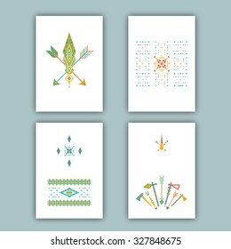 Set of cards with ethnic design.  Arrows, feathers, tomahawks. Aztec, tribal, mexican, native american elements. Templates for flyers, booklets, greeting cards, invitations, birthday and advertising.