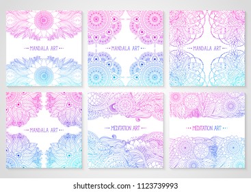 Set of cards with ethnic floral lace pattern with mandala and lotus flower. Boho design. Pink and blue oriental Asian Indian ornaments borders on white background, outline. Vector illustration.