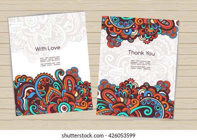 Set of cards in ethnic style. Pattern cropped with Clipping Mask. 