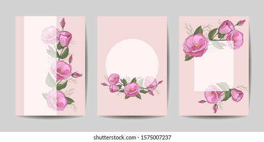 
Set of cards with eustoma, leaves. Wedding invitation concept. Flower poster. Vector decorative greeting card or invitation. Background design.