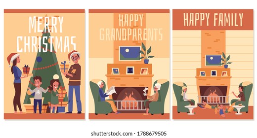 Set of cards with family and grandparents spending time and celebrating holidays in living room, flat vector illustration. Christmas and hugge winter postcards.