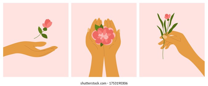 Set of cards with female hands holding flowers. Banners with decorative elements on pink background, blooming rose or peony. Elegant floral posters with buds and branch of flower. Vector illustration