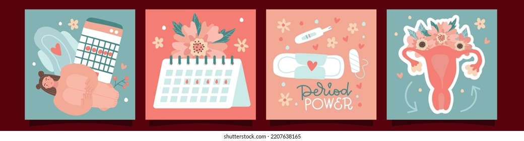 Set Of Cards For Femete Periods Concept. Women Struggle From Strong Abdominal Pain During Periods, Heavy Periods. Menstrual Period, Menstruation, PMS, Ovaries, Reproductive System. Hand Drawn Vector.