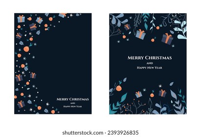 Set of cards in flat style. Vector stock illustration. Christmas and New Year. Holidays. Flat style. Plants, oranges and gifts. Doodle. Christmas tree.