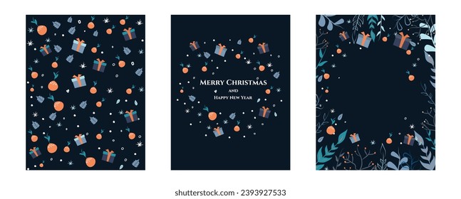 Set of cards in flat style. Vector stock illustration. Christmas and New Year. Holidays. Flat style. Plants, oranges and gifts. Doodle. Christmas tree. Banner. Christmas treats.