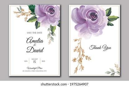 Set of cards with floral arrangement. Wedding invite and Thank You card. Vector decorative greeting card or invitation design background with flowers and leaves.