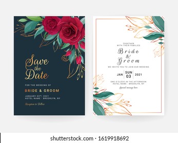 Set of cards with floral border. Navy blue wedding invitation template design of red rose flowers and gold leaves. Botanic illustration decoration for save the date, event, cover, poster vector