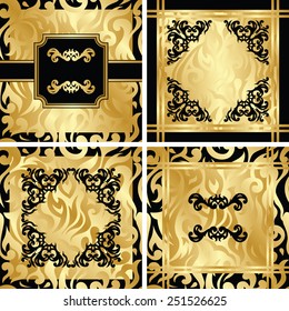 Set of cards with floral decoration. Floral frames, floral patterns. Vintage background in a gold. Original style. Gold floral decoration                                