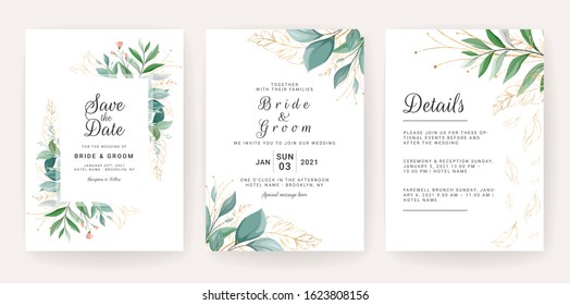 Set of cards with floral decoration. Greenery wedding invitation template design of tropical and glitter leaves. Botanic illustration for save the date, event, cover, poster vector