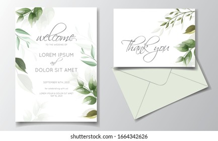 Set of cards with floral decoration. greenery wedding invitation template design