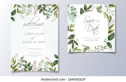 Set Of Cards With Floral Decoration. Greenery Wedding Invitation Template Design