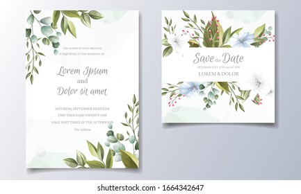 Set of cards with floral decoration. greenery wedding invitation template design