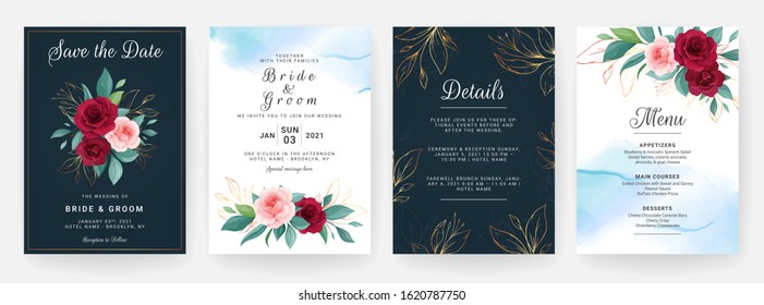 Set of cards with floral decoration. Navy blue wedding invitation template design of red rose flowers and gold leaves. Botanic illustration for save the date, event, cover, poster vector