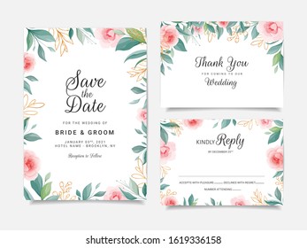 Set of cards with floral decoration. Wedding invitation template design of elegant rose flowers and leaves with glitter. Floral illustration decoration for save the date, event, cover, poster