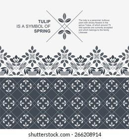 Set of cards with floral elements. Seamless border. Stylized tulip. Egyptian decorative motifs. Vertical banners templates
