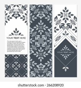 Set of cards with floral elements. Seamless border. Stylized tulip. Egyptian decorative motifs. Vertical banners templates