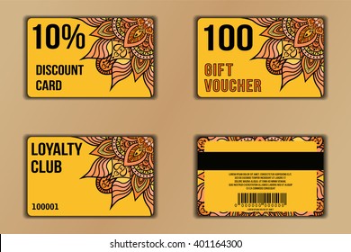 Set of cards with floral mandala pattern including a discount card, loyalty card, gift voucher. Front page and back page. Vector coupon with round floral ornament on background.