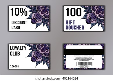 Set Of Cards With Floral Mandala Pattern Including A Discount Card, Loyalty Card, Gift Voucher. Front Page And Back Page. Vector Coupon With Round Floral Ornament On Background.