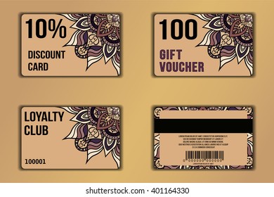 Set of cards with floral mandala pattern including a discount card, loyalty card, gift voucher. Front page and back page. Vector coupon with round floral ornament on background.