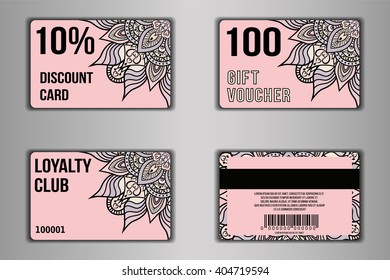 Set of cards with floral mandala pattern including a discount card, loyalty card, gift voucher. Front page and back page. Vector coupon with round floral ornament on background.