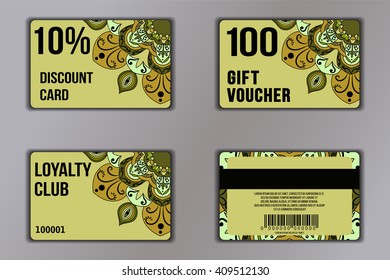 Set of cards with floral mandala pattern including a discount card, loyalty card, gift voucher. Front page and back page. Vector coupon with round floral ornament on background.