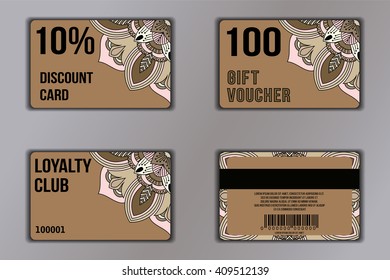 Set of cards with floral mandala pattern including a discount card, loyalty card, gift voucher. Front page and back page. Vector coupon with round floral ornament on background.