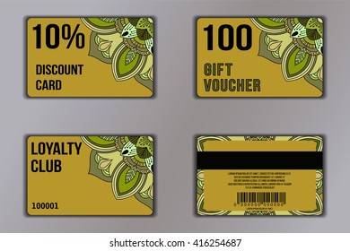 Set of cards with floral mandala pattern including a discount card, loyalty card, gift voucher. Front page and back page. Vector coupon with round floral ornament on background.
